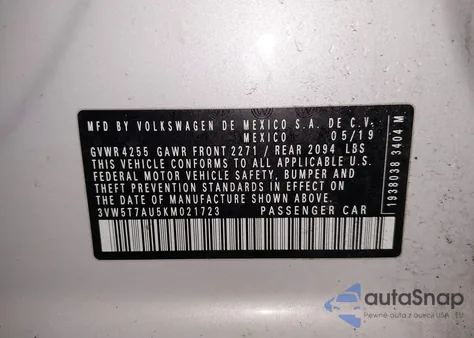 2019 Volkswagen Golf Gti 2.0T Autobahn/2.0T Rabbit Edition/2.0T S/2.0T Se z USA, uszkodzony, nr VIN 3VW5T7AU5KM021723